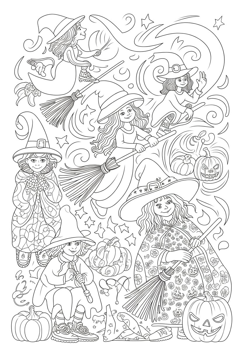 Halloween Coloring Pages Printable Featuring Classic Icons and Spooky Fun for All Ages 13 A Halloween scene showing several witches wearing pointed hats and holding brooms, surrounded by pumpkins, moons, stars, and magical swirls.